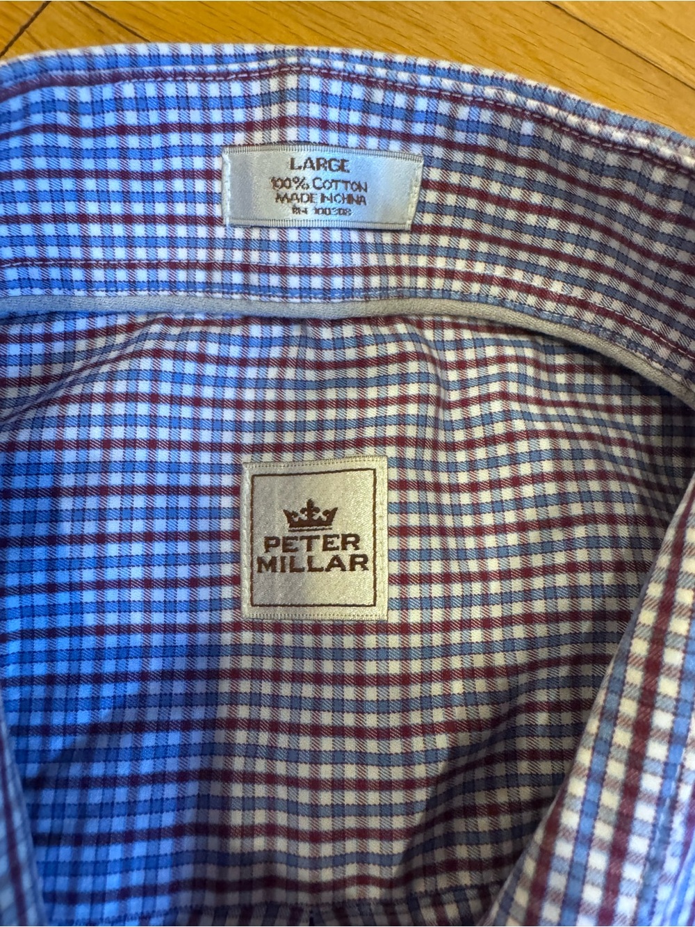 Peter Millar Men Large Blue Burgundy Check Button Front Dress Shirt 100% Cotton